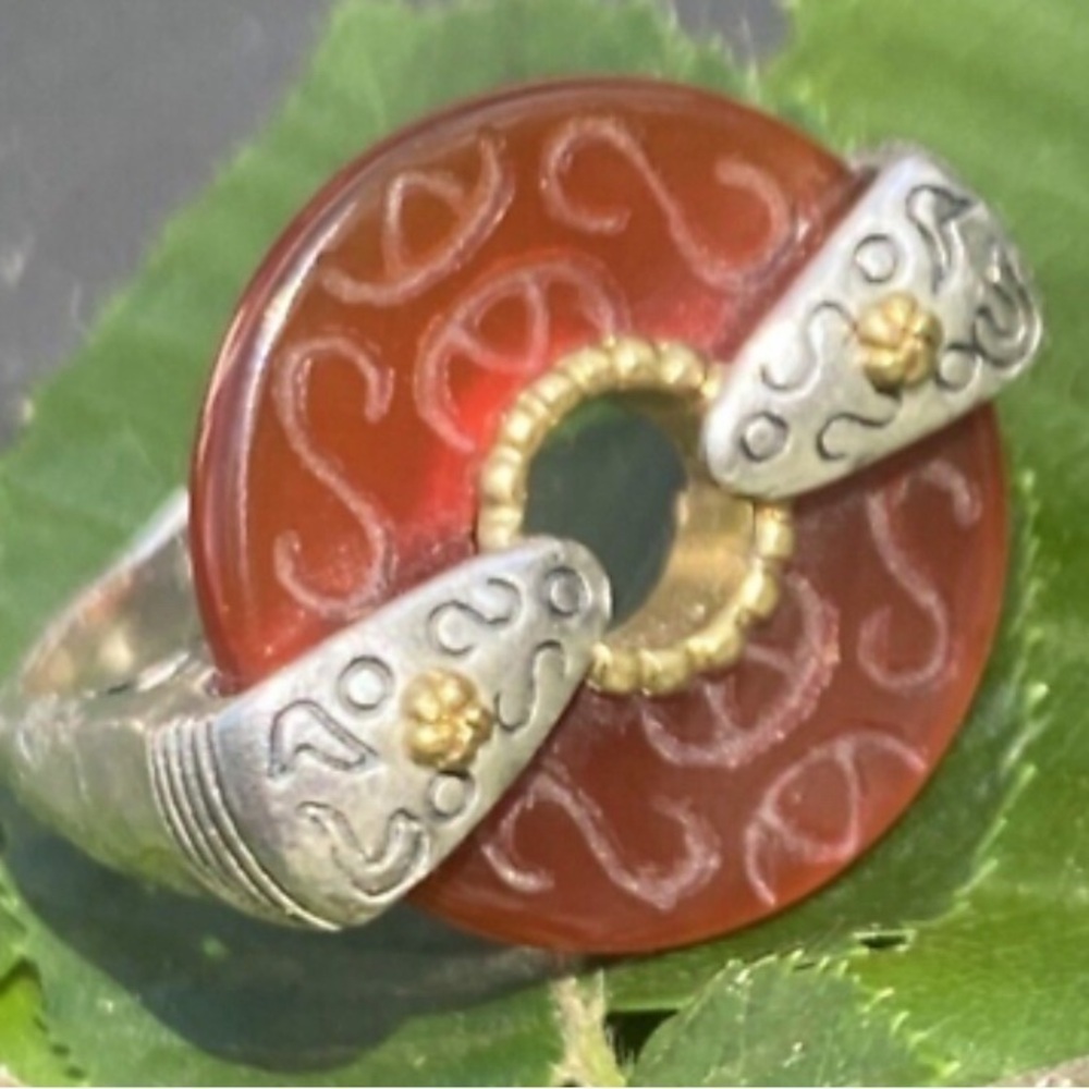Sterling Silver Yellow Gold Vintage Ring Carved Jade Bi-Disc Estate Fine Jewelry